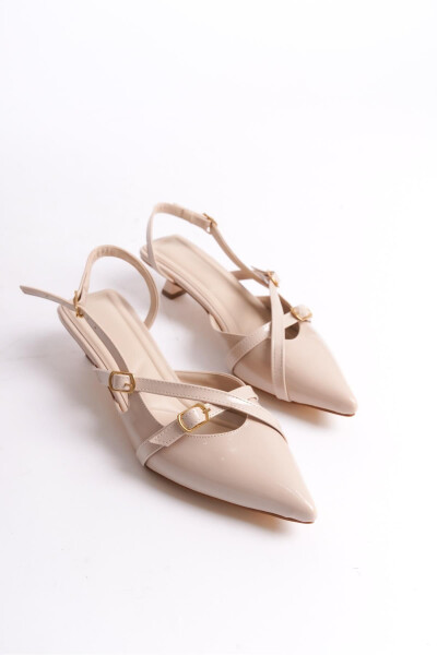 Beige Patent Leather 3 cm Heeled Shoes with Strap Buckle Detail Pointed Toe - 12