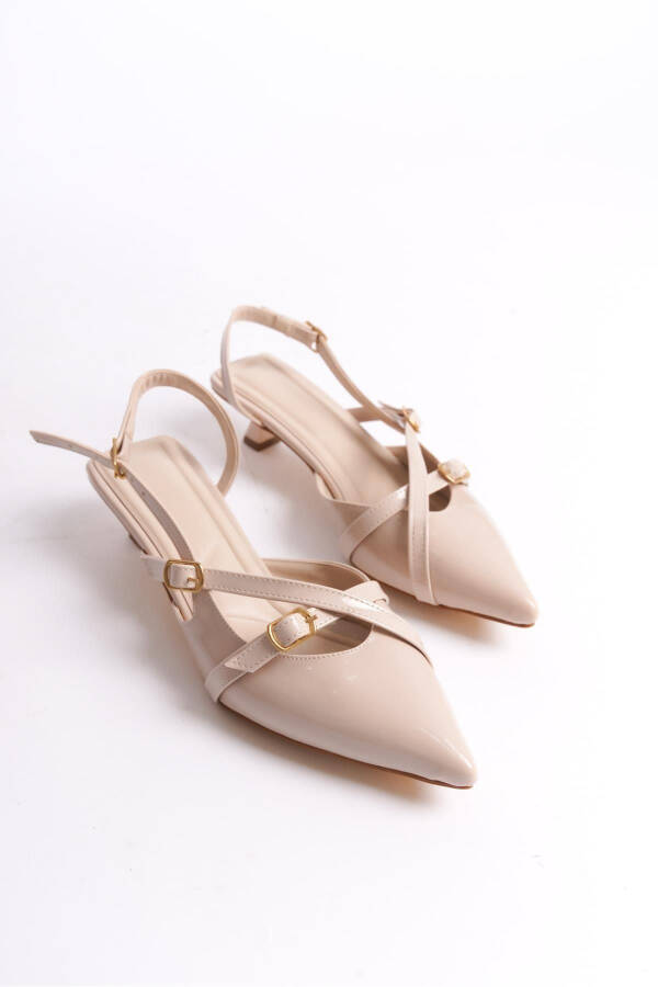 Beige Patent Leather 3 cm Heeled Shoes with Strap Buckle Detail Pointed Toe - 12