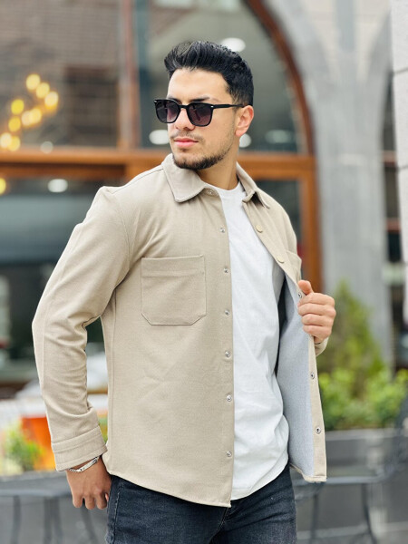 Beige Piqué Textured Fabric Shirt Collar Pocket Regular Fit Jacket - 6