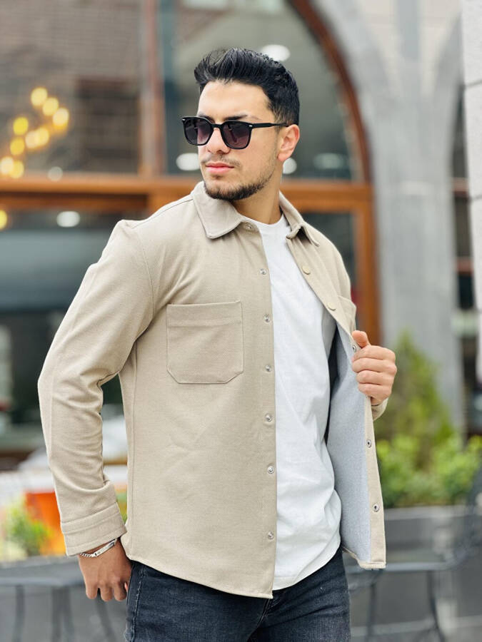 Beige Piqué Textured Fabric Shirt Collar Pocket Regular Fit Jacket - 6