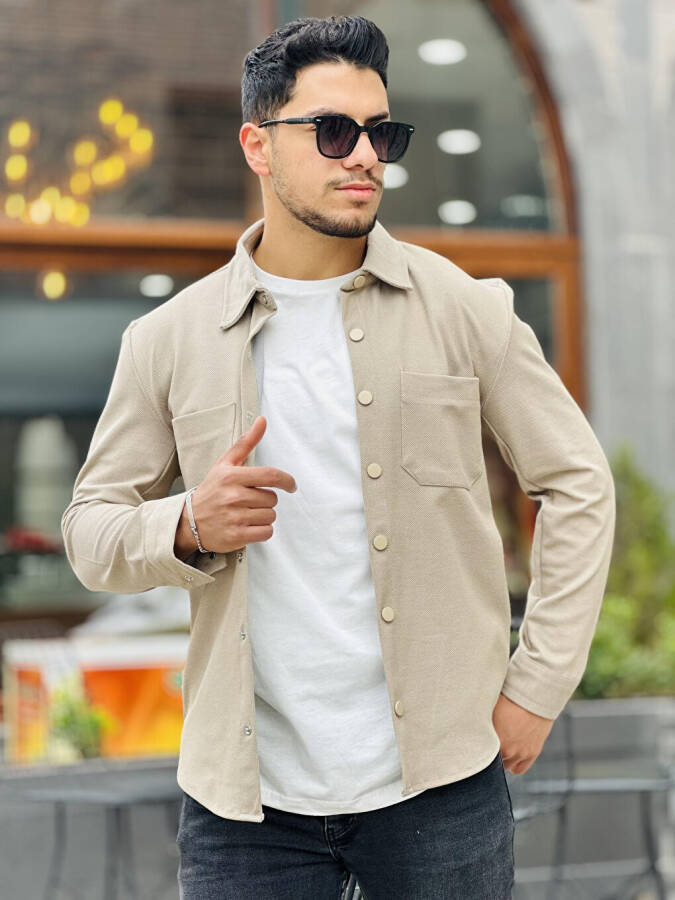 Beige Piqué Textured Fabric Shirt Collar Pocket Regular Fit Jacket - 7