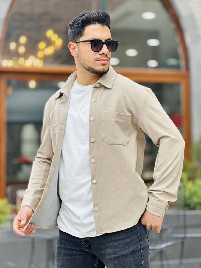 Beige Piqué Textured Fabric Shirt Collar Pocket Regular Fit Jacket - 8