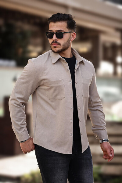 Beige Piqué Textured Fabric Shirt Collar Pocket Regular Fit Jacket - 1