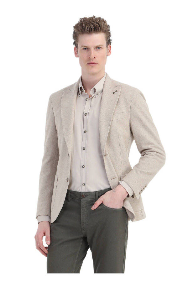 Beige Plain Shirt Shoulder Slim Fit Wool Blend Knit Jacket - 1