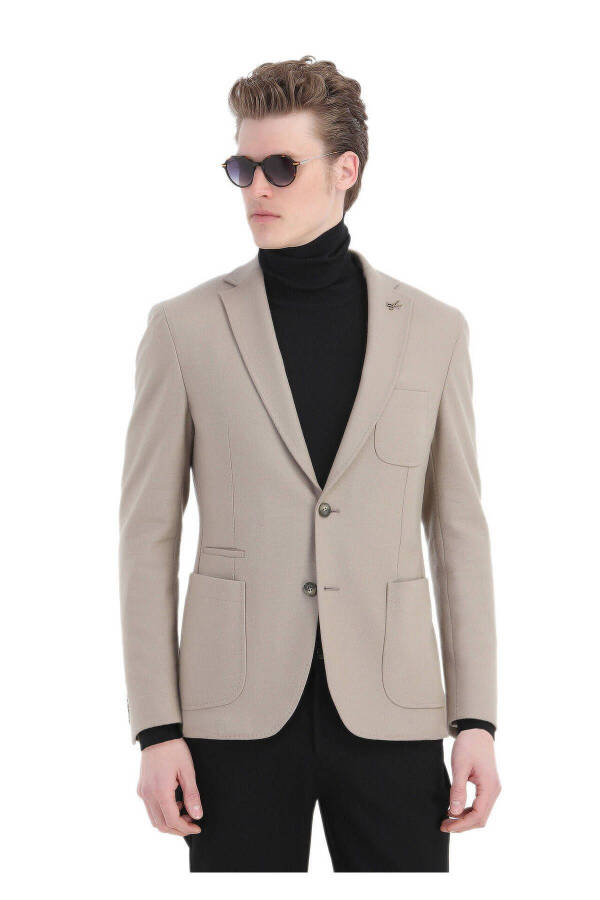 Beige Plain Shirt Shoulder Slim Fit Wool Blend Knit Jacket - 1