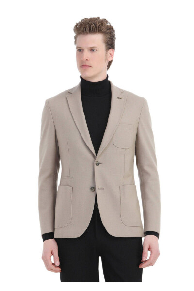 Beige Plain Shirt Shoulder Slim Fit Wool Blend Knit Jacket - 3