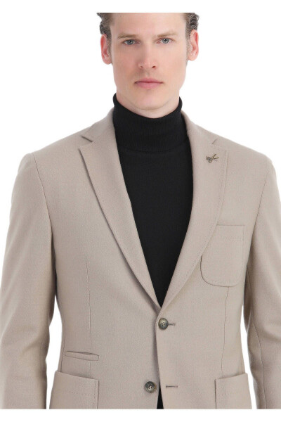 Beige Plain Shirt Shoulder Slim Fit Wool Blend Knit Jacket - 4