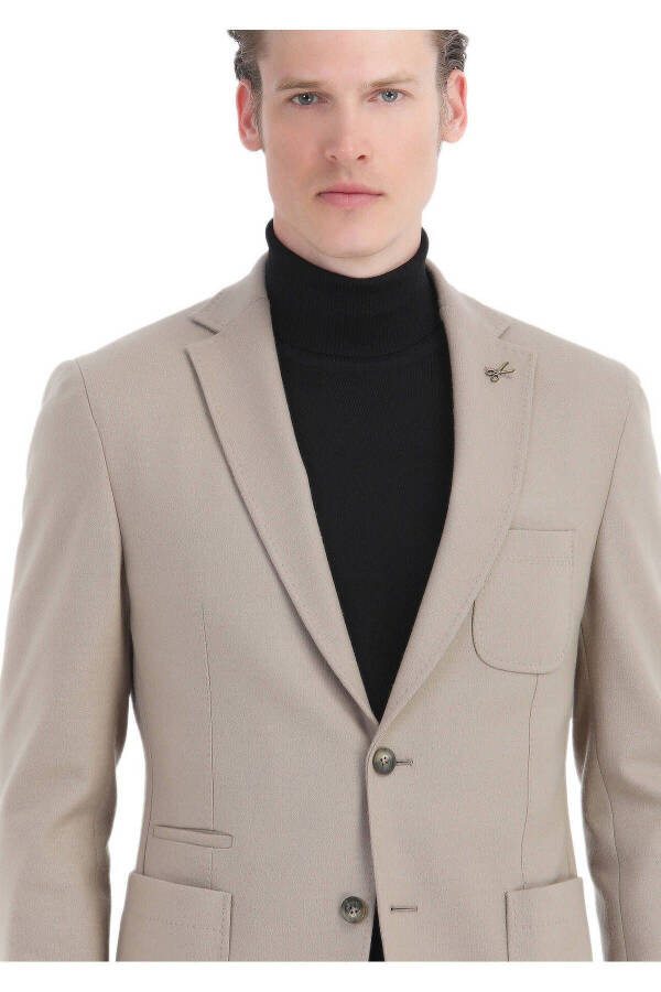 Beige Plain Shirt Shoulder Slim Fit Wool Blend Knit Jacket - 4