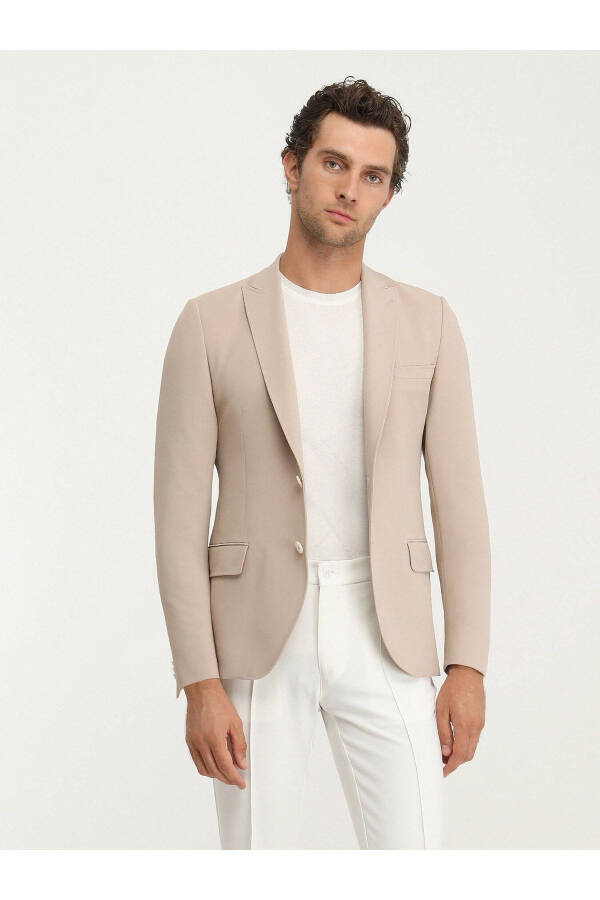 Beige Plain Slim Fit Jacket - 9