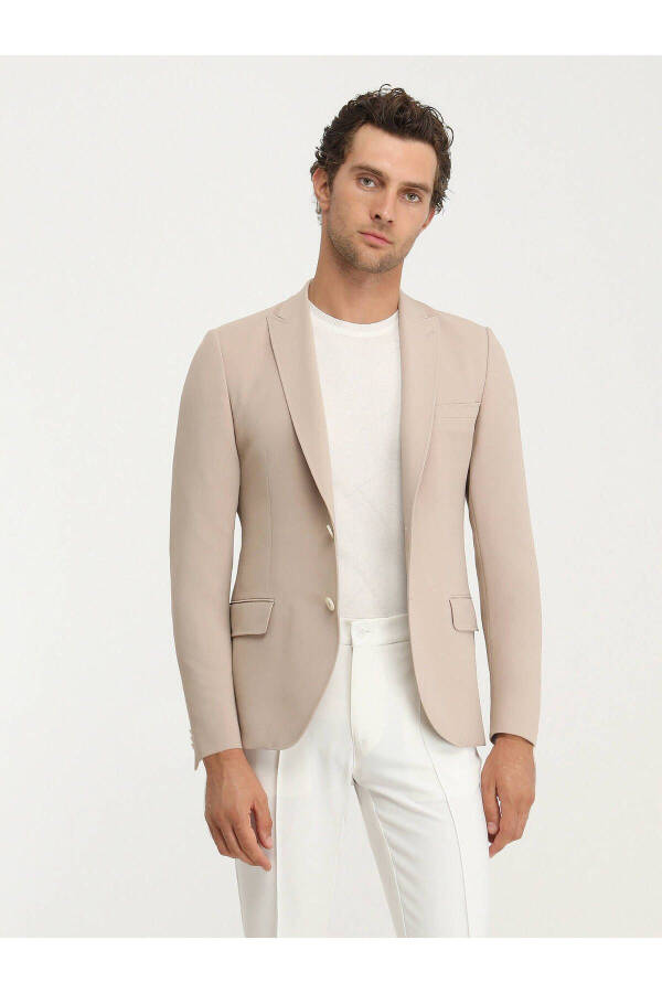 Beige Plain Slim Fit Jacket - 1