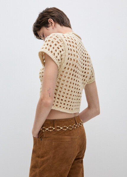 Beige short-sleeved, perforated sweater - 14