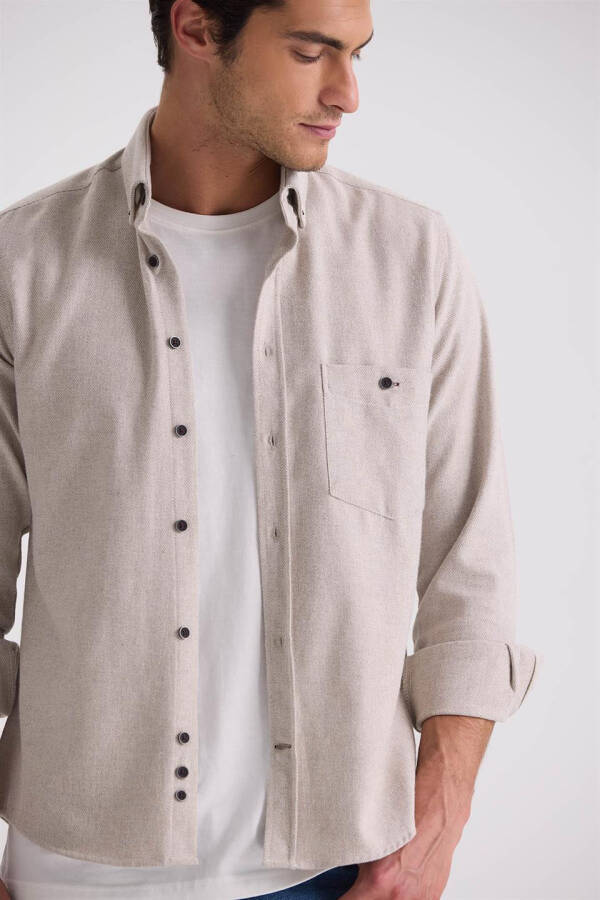 Beige Slim Fit Button-Down Collar Pocket Shirt - 3