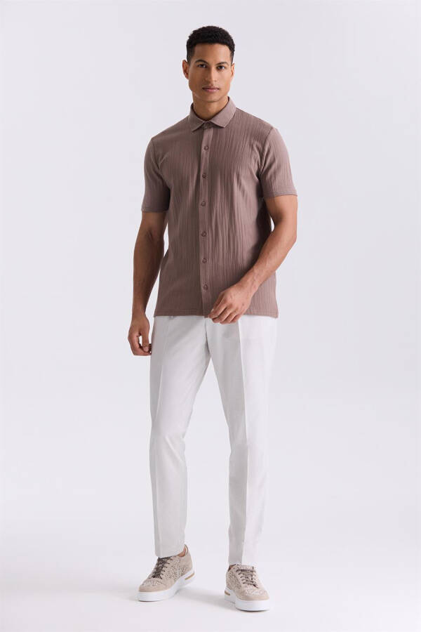 Beige Slim Fit Button Down Collar T-Shirt - 2