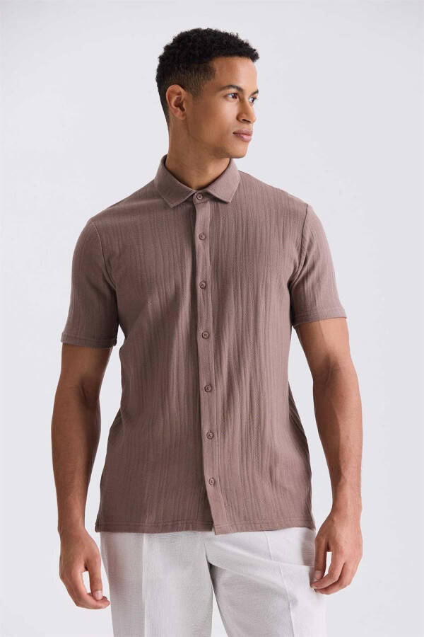 Beige Slim Fit Button Down Collar T-Shirt - 1