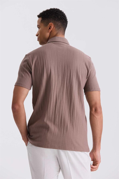 Beige Slim Fit Button Down Collar T-Shirt - 4