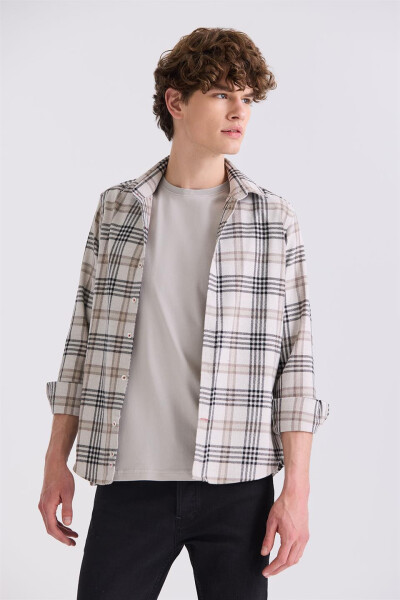 Beige Slim Fit Button-Up Plaid Shirt - 5