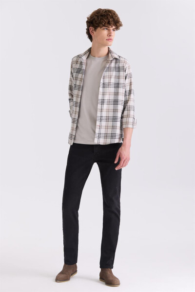 Beige Slim Fit Button-Up Plaid Shirt - 6