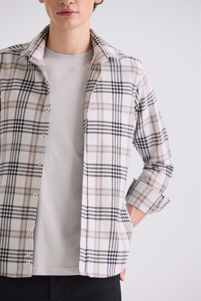 Beige Slim Fit Button-Up Plaid Shirt - 7