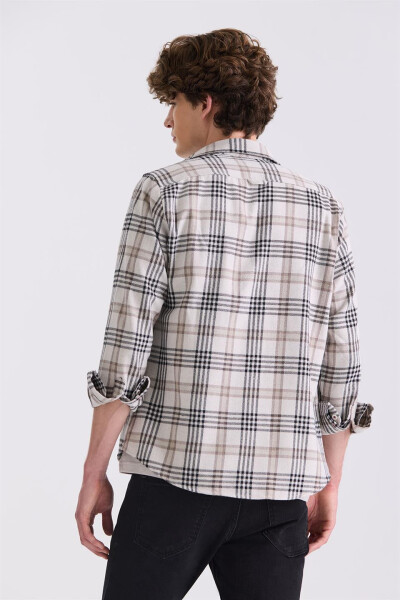 Beige Slim Fit Button-Up Plaid Shirt - 8