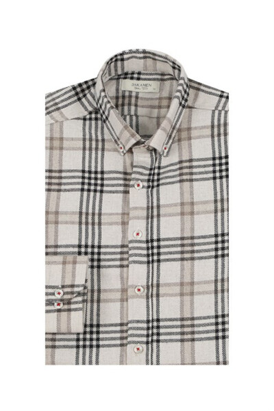 Beige Slim Fit Button-Up Plaid Shirt - 9