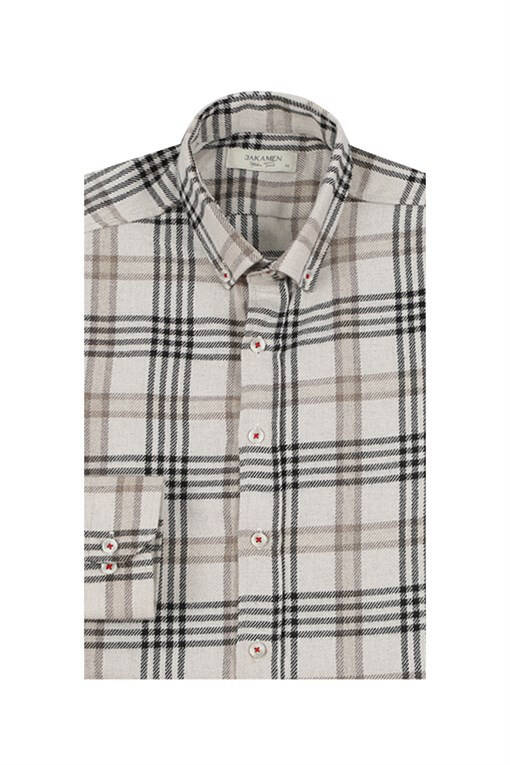 Beige Slim Fit Button-Up Plaid Shirt - 9