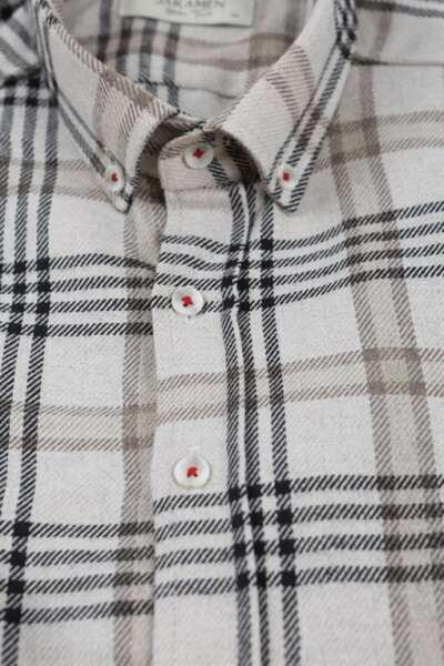 Beige Slim Fit Button-Up Plaid Shirt - 10