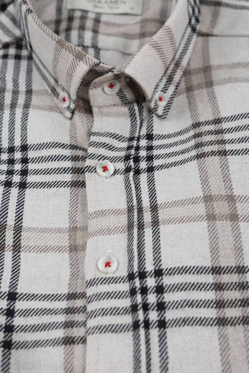 Beige Slim Fit Button-Up Plaid Shirt - 10