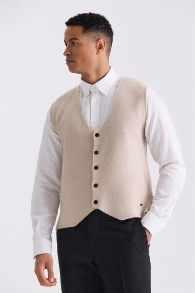 Beige Slim Fit Buttoned Knitted Vest - 1