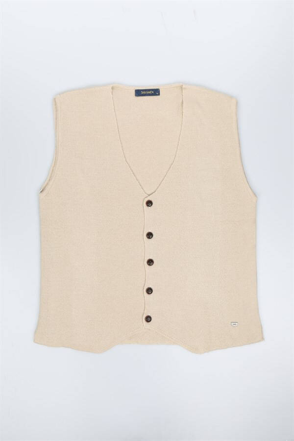 Beige Slim Fit Buttoned Knitted Vest - 5