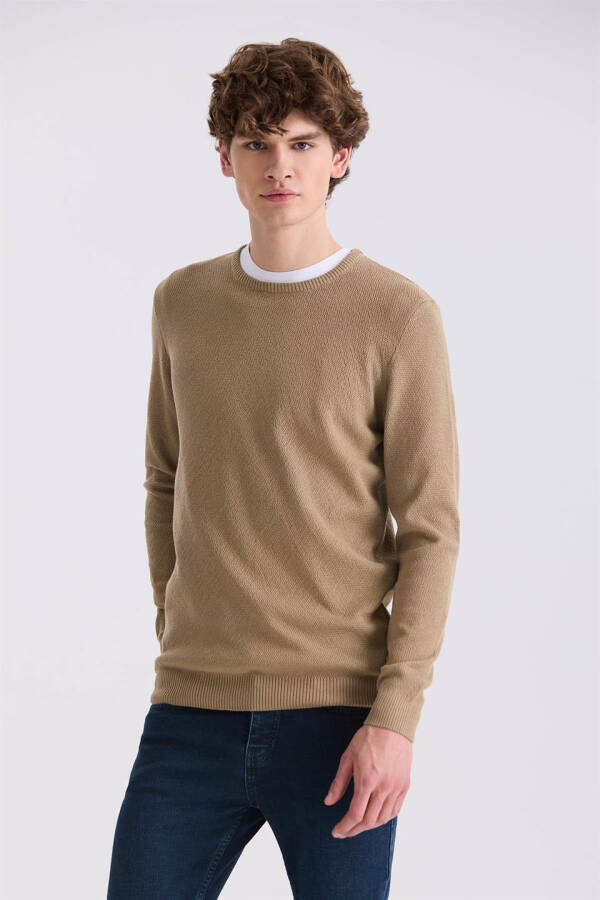 Beige Slim Fit Crew Neck Patterned Knit Sweater - 5