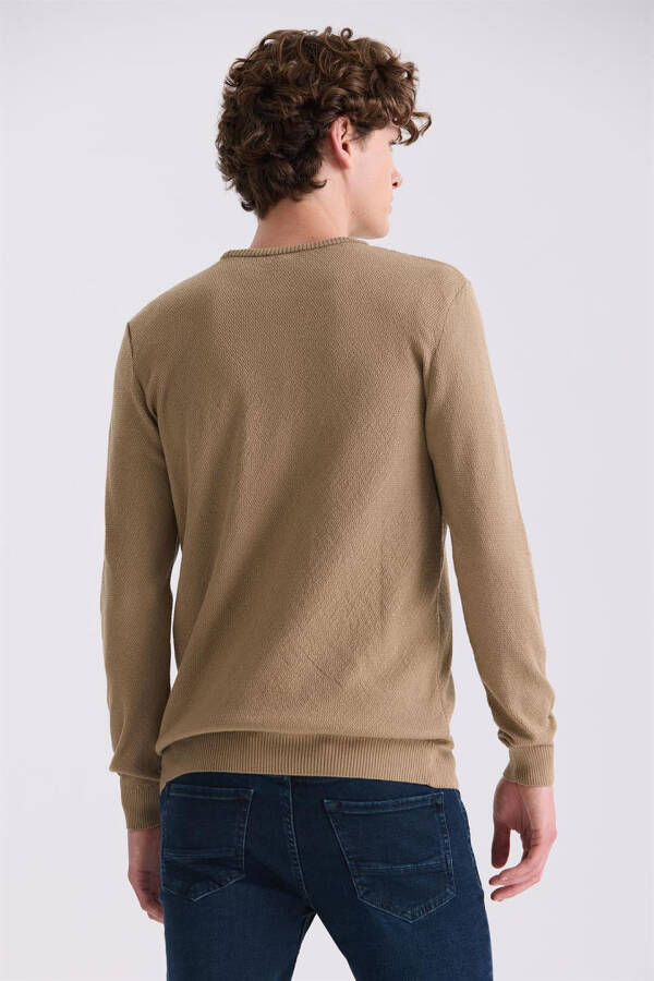 Beige Slim Fit Crew Neck Patterned Knit Sweater - 8