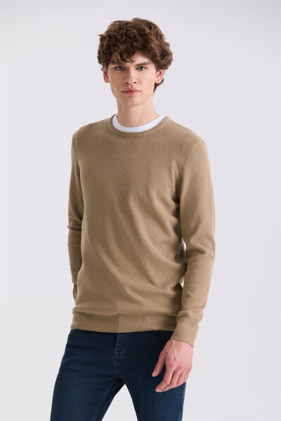 Beige Slim Fit Crew Neck Patterned Knit Sweater - 1