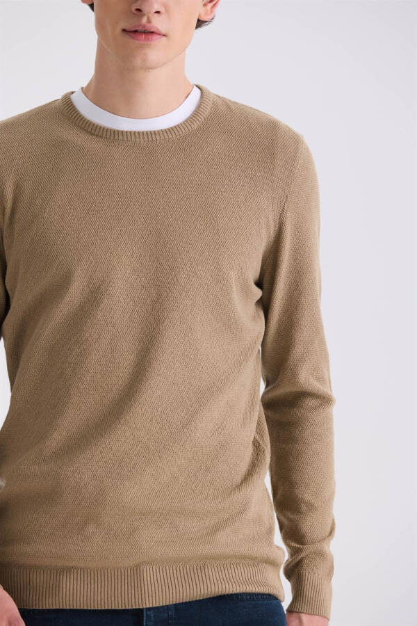 Beige Slim Fit Crew Neck Patterned Knit Sweater - 3