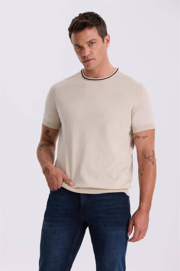 Beige Slim Fit Knit Polo T-Shirt - 2