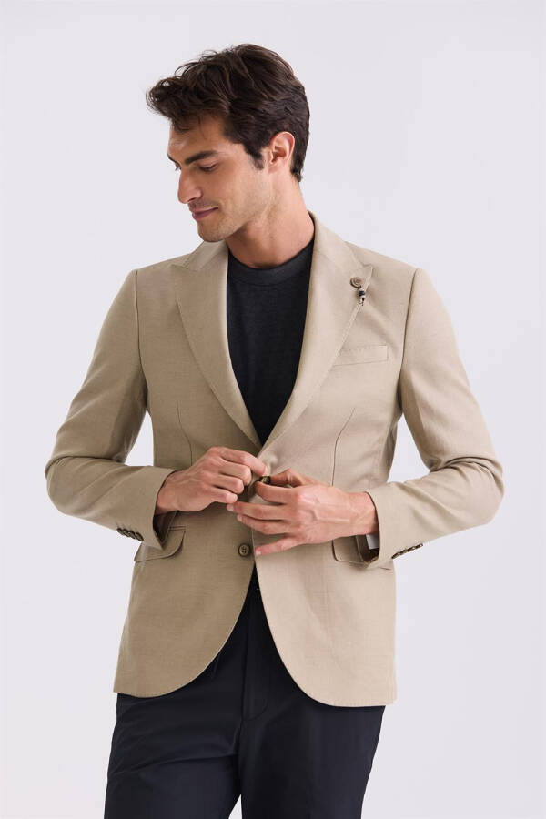 Beige Slim Fit Pointed Collar Linen Sports Jacket - 5