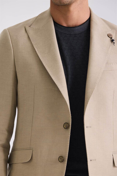 Beige Slim Fit Pointed Collar Linen Sports Jacket - 7