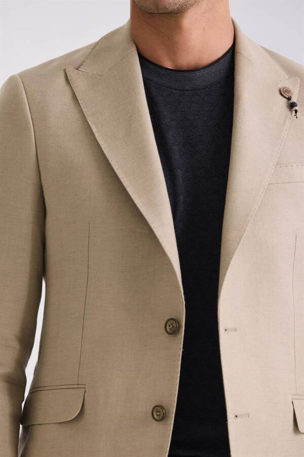 Beige Slim Fit Pointed Collar Linen Sports Jacket - 7