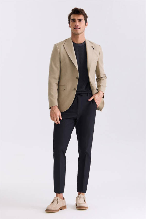 Beige Slim Fit Pointed Collar Linen Sports Jacket - 2