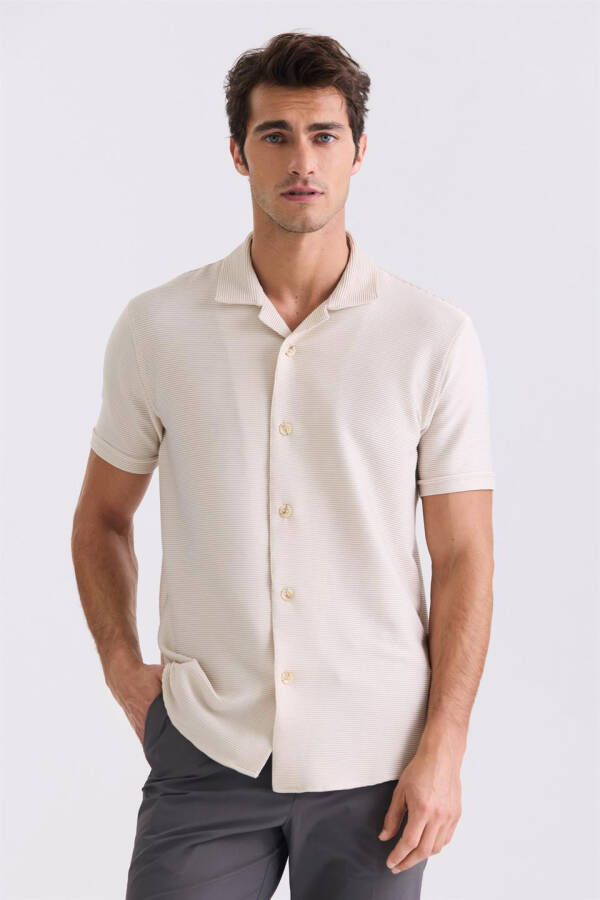 Beige Slim Fit Shirt Collar Button Detail T-Shirt - 1