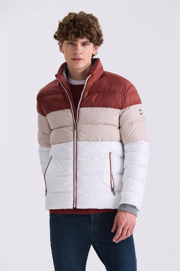 Beige Slim Fit Stand Collar Winter Puffer Jacket - 5