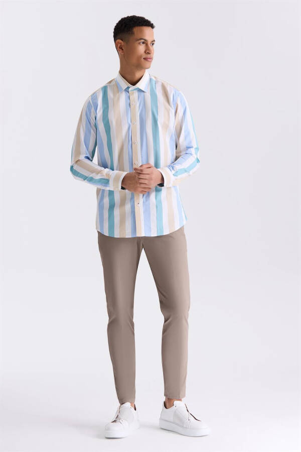 Beige Slim Fit Striped 100% Cotton Shirt - 2