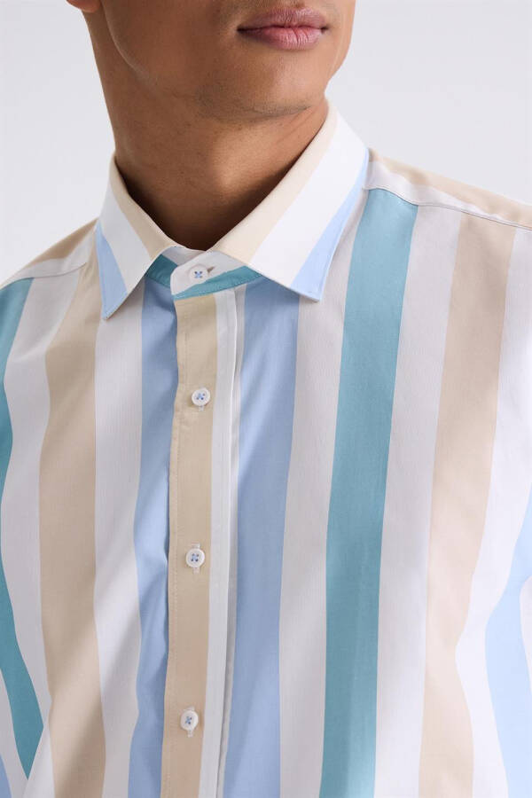 Beige Slim Fit Striped 100% Cotton Shirt - 3