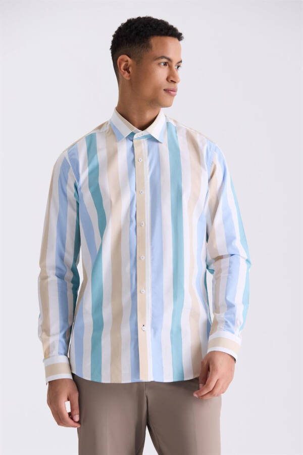 Beige Slim Fit Striped 100% Cotton Shirt - 1