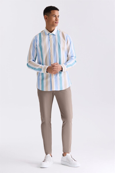 Beige Slim Fit Striped 100% Cotton Shirt - 2