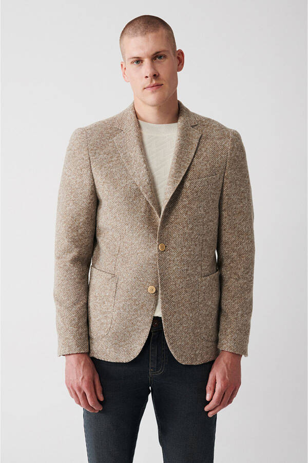 Beige, slim fit, wool blend, double breasted men's jacket. - 1