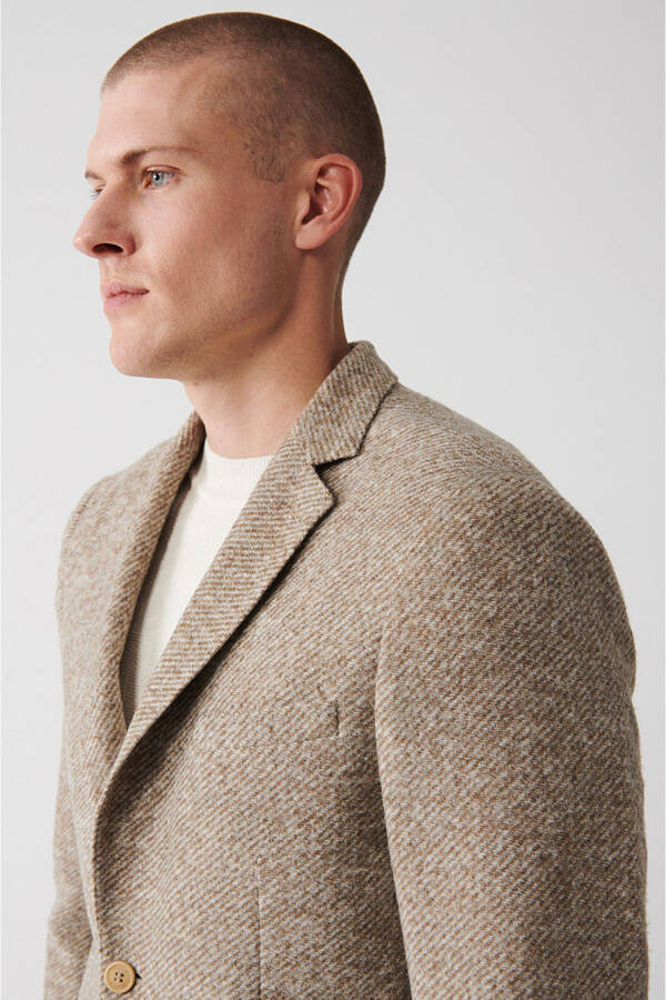 Beige, slim fit, wool blend, double breasted men's jacket. - 2