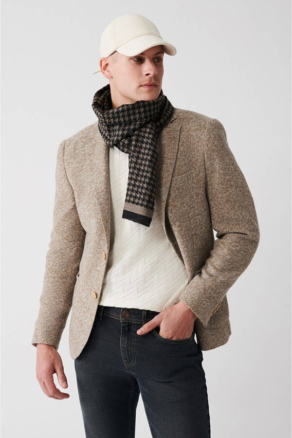 Beige, slim fit, wool blend, double breasted men's jacket. - 5