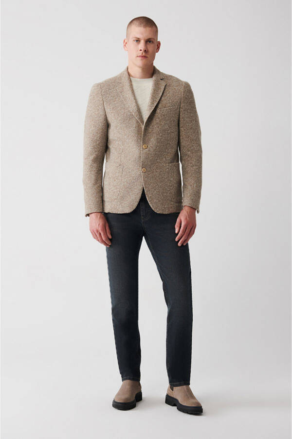 Beige, slim fit, wool blend, double breasted men's jacket. - 6