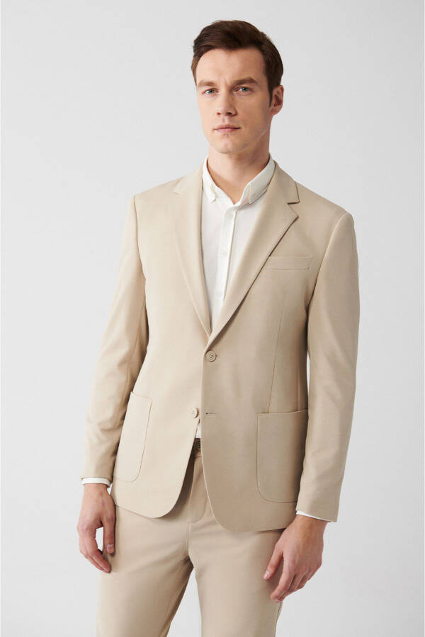 Beige, slit, lined, slim fit, jersey fabric men's jacket. - 6