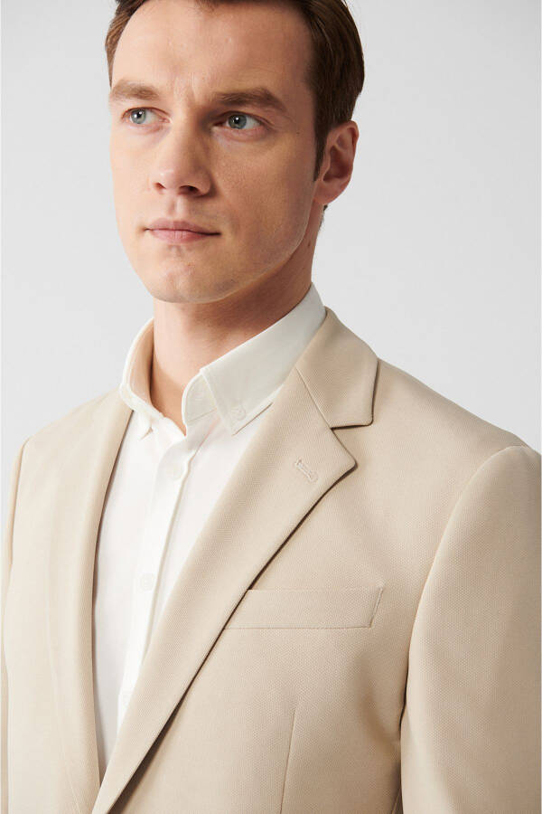 Beige, slit, lined, slim fit, jersey fabric men's jacket. - 7